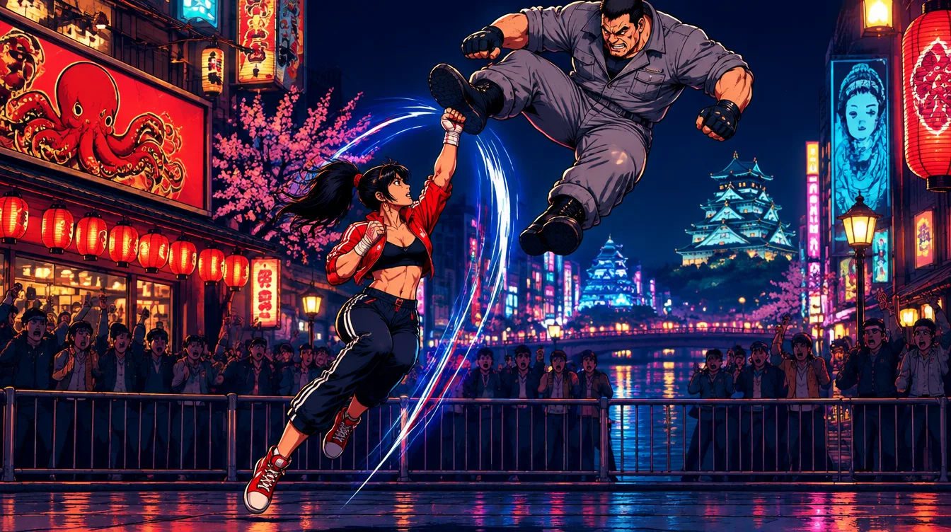 Tangkapan Kerbclash di stage Osaka malam: Juno berjaket merah melompat dengan pukulan ke atas, lawan berbaju montir abu-abu menukik dengan tendangan dari atas.